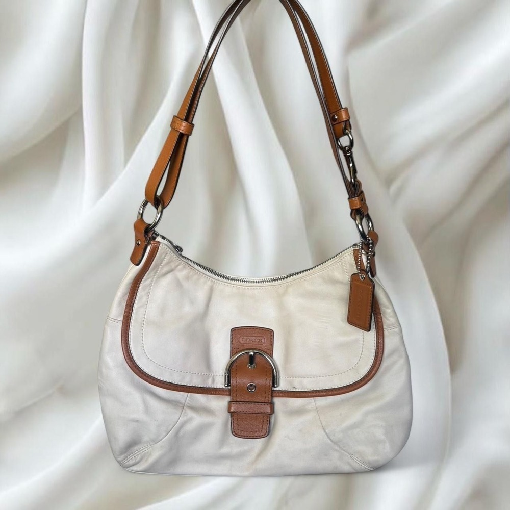 Y2K vintage Coach Soho Leather Flap Bag white leather with brown leather trim